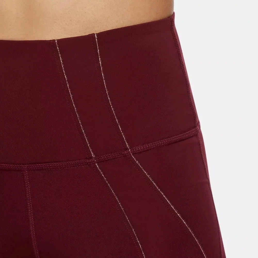 Nike Yoga Dri-FIT High Waisted Leggings Burgundy Rose Gold Metallic Trim Small